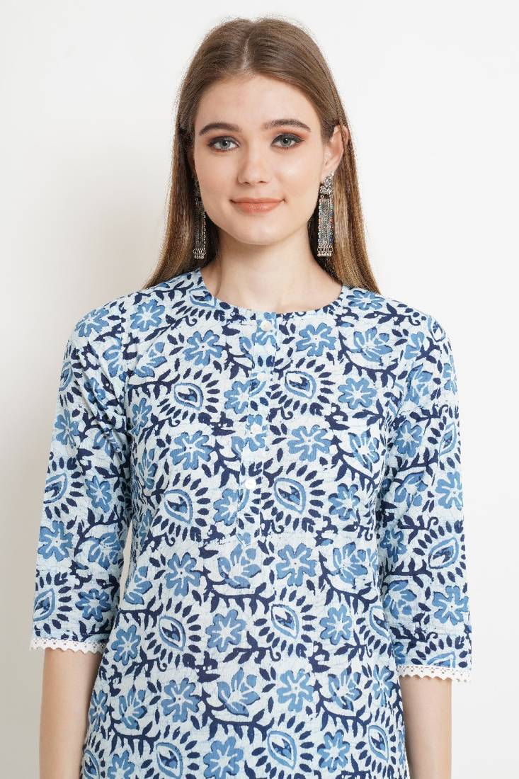 COTLAND FASHION Jaipuri Cotton Printed Straight Cotton Kurta With Pant (Set) For Women (Shades of Blue)