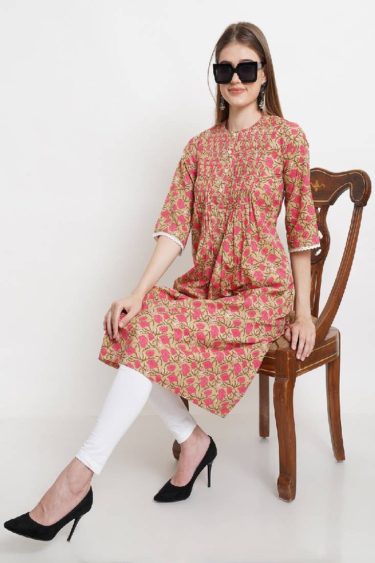 COTLAND FASHION Jaipuri Cotton Printed Flared Kurta/Kurti (X-Factor : Pintex) (Beautiful Beige - Premium Edition)
