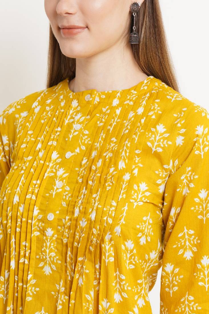 COTLAND FASHION Jaipuri Cotton Printed Flared Kurta/Kurti (X-Factor : Pintex) (Mango Yellow - Premium Edition)