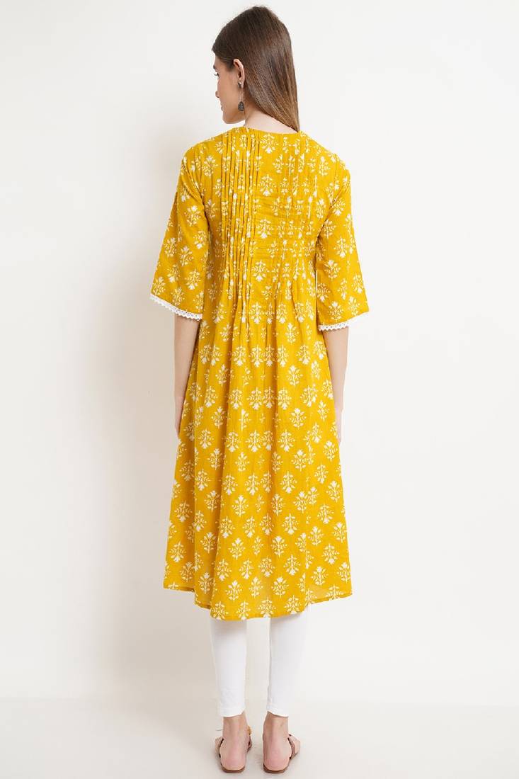 COTLAND FASHION Jaipuri Cotton Printed Flared Kurta/Kurti (X-Factor : Pintex) (Mango Yellow - Premium Edition)