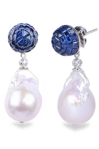 Blue Sapphire Invisble Setting Top With Baroque Pearl Drop