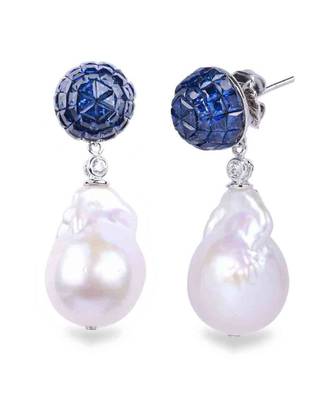 Blue Sapphire Invisble Setting Top With Baroque Pearl Drop 1
