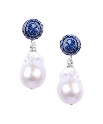 Blue Sapphire Invisble Setting Top With Baroque Pearl Drop 2