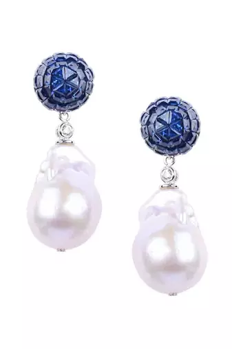 Blue Sapphire Invisble Setting Top With Baroque Pearl Drop