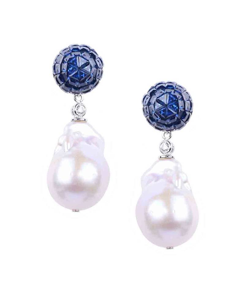 Blue Sapphire Invisble Setting Top With Baroque Pearl Drop