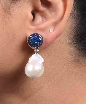 Blue Sapphire Invisble Setting Top With Baroque Pearl Drop 3