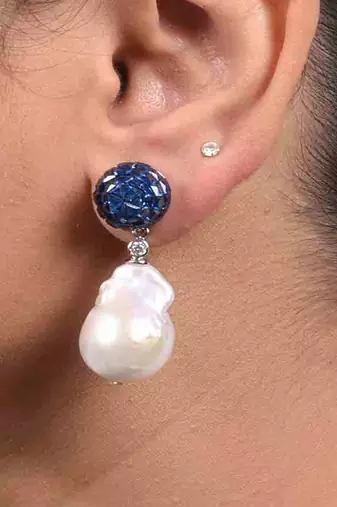 Blue Sapphire Invisble Setting Top With Baroque Pearl Drop