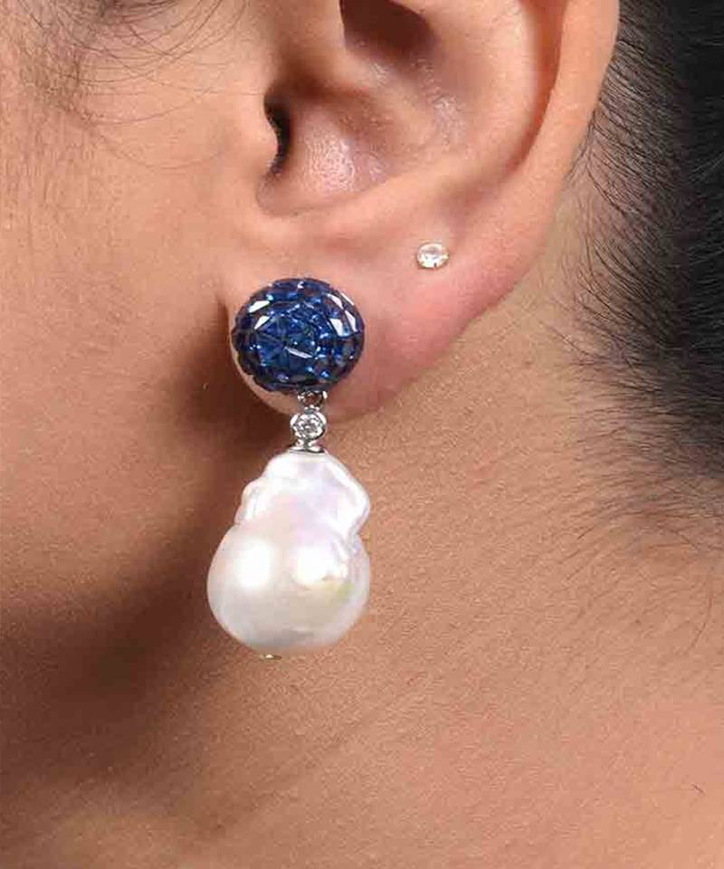 Blue Sapphire Invisble Setting Top With Baroque Pearl Drop