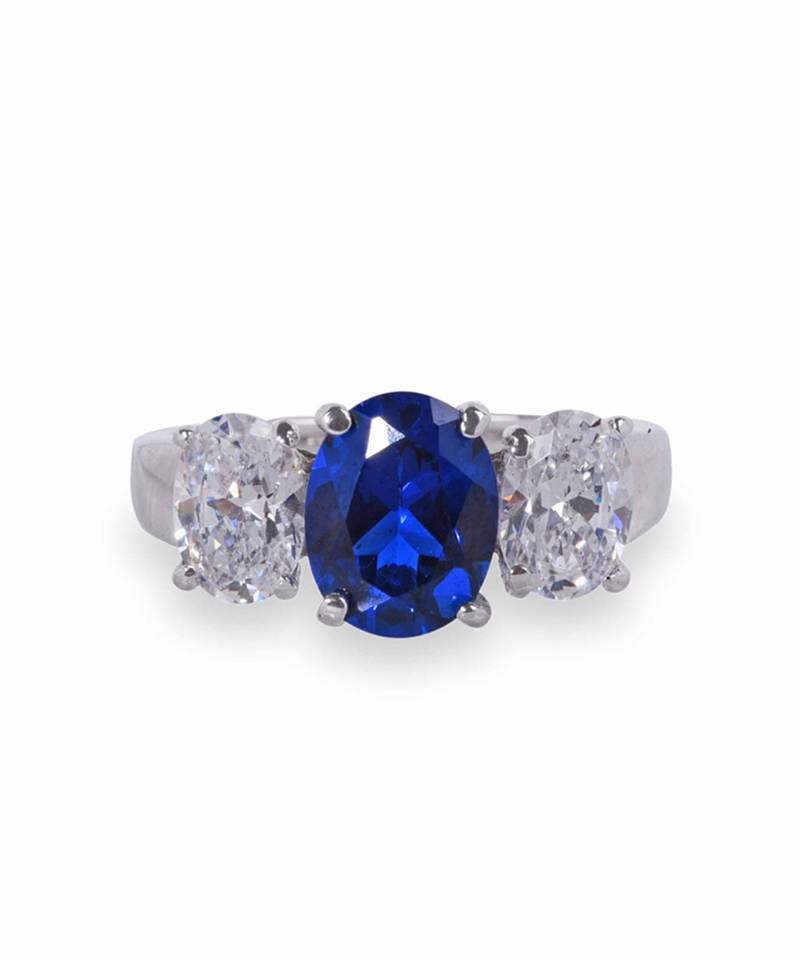 Oval Blue Center With 2 Oval Shaped Diamonds On Either Side