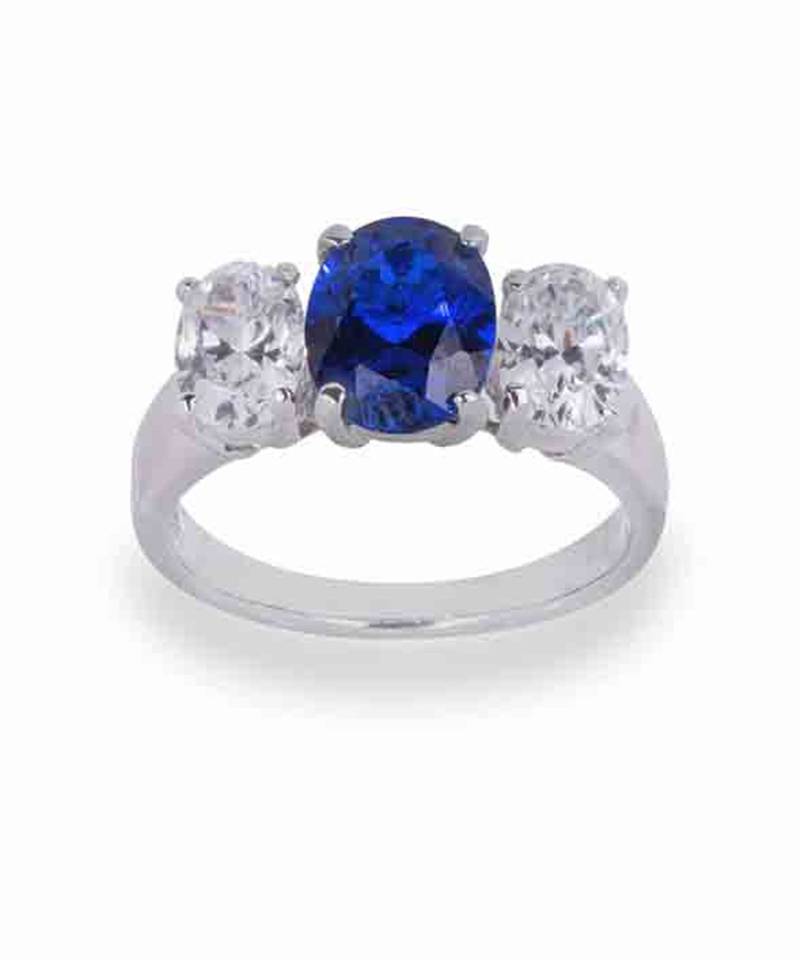 Oval Blue Center With 2 Oval Shaped Diamonds On Either Side
