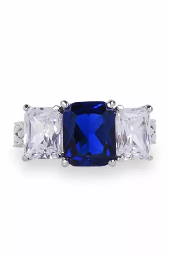Blue Sapphire Center With Emerald Cut Diamonds On Either Side