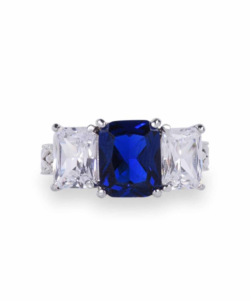 Blue Sapphire Center With Emerald Cut Diamonds On Either Side