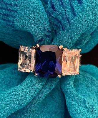 Blue Sapphire Center With Emerald Cut Diamonds On Either Side 4