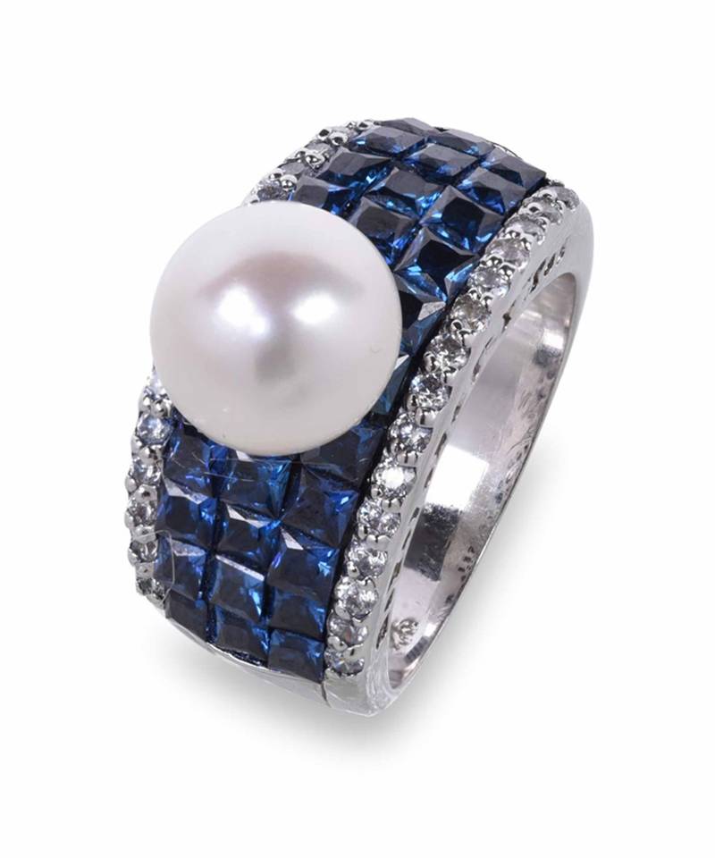 Blue Invisible Setting With Cultured Pearl