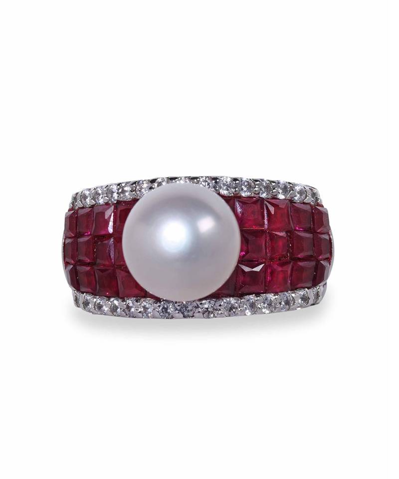 Red Invisible Setting With Cultured Pearl