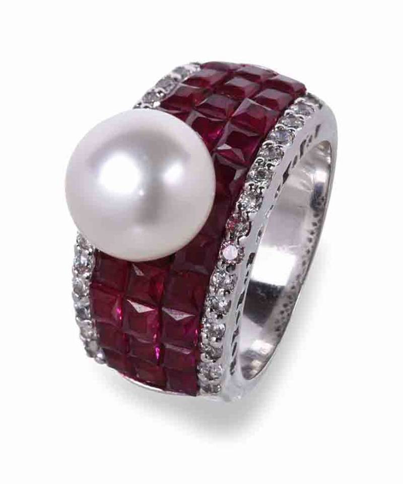 Red Invisible Setting With Cultured Pearl