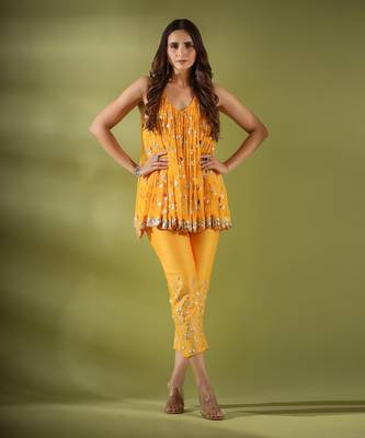 Haseena Phool Jaal Gota Patti Tunic Pants Co-Ord Set In Mnago Yellow 2