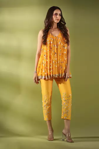 Haseena Phool Jaal Gota Patti Tunic Pants Co-Ord Set In Mnago Yellow