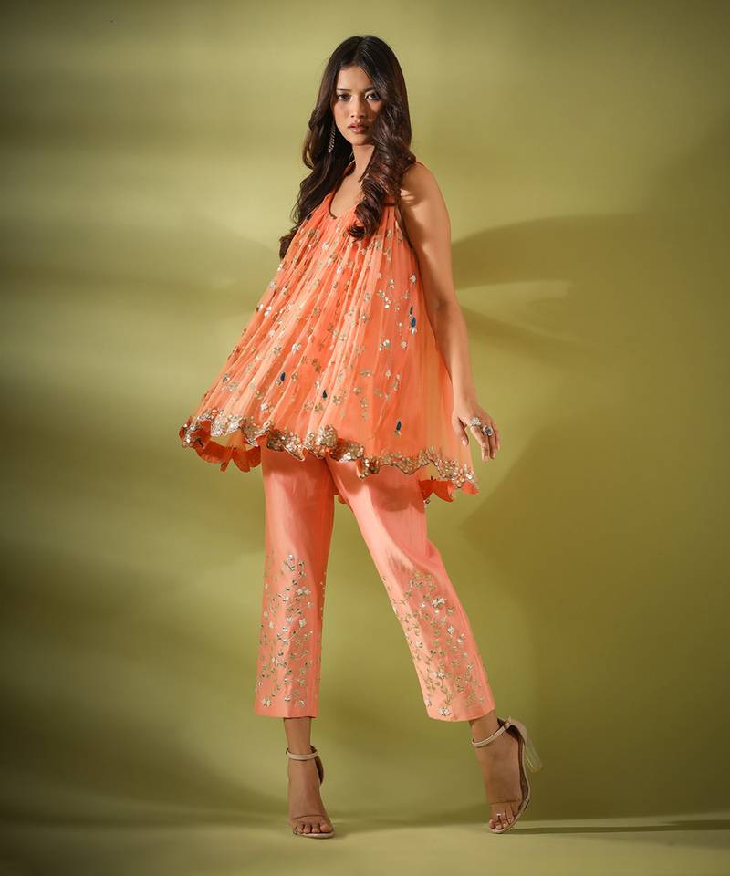 Haseena Phool Jaal Gota Patti Tunic Pants Co-Ord Set In Peach