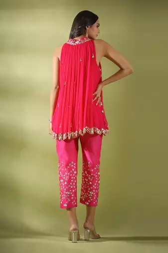 Haseena Phool Jaal Gota Patti Tunic Pants Co-Ord Set In Fuchsia
