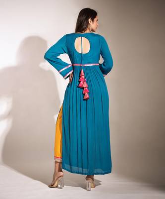 Haseena Teal Blue And Bright Mustard Color Block Kurta Pant Set 1