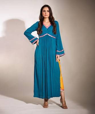 Haseena Teal Blue And Bright Mustard Color Block Kurta Pant Set 2