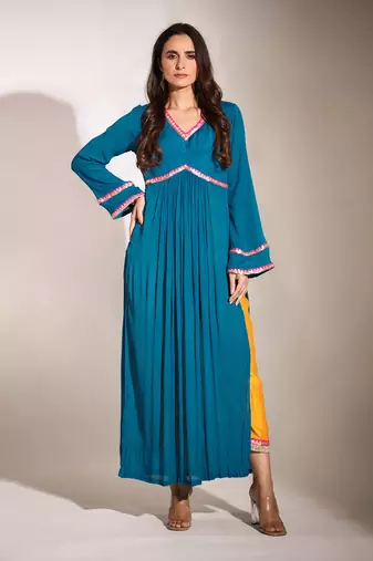 Haseena Teal Blue And Bright Mustard Color Block Kurta Pant Set