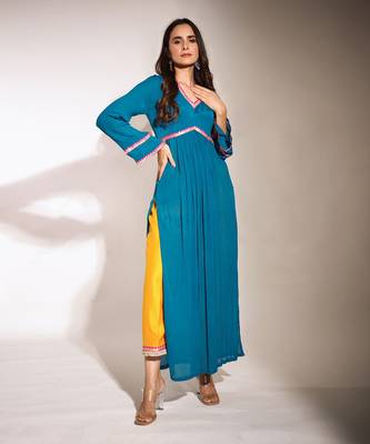 Haseena Teal Blue And Bright Mustard Color Block Kurta Pant Set 3