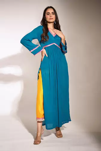 Haseena Teal Blue And Bright Mustard Color Block Kurta Pant Set