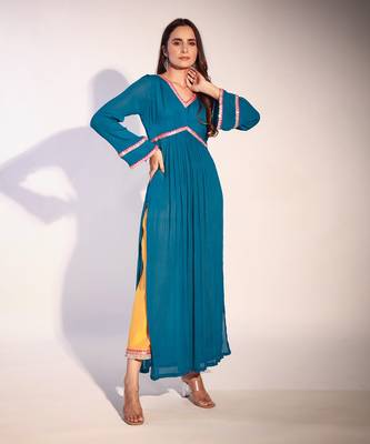 Haseena Teal Blue And Bright Mustard Color Block Kurta Pant Set 4