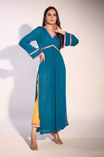 Haseena Teal Blue And Bright Mustard Color Block Kurta Pant Set