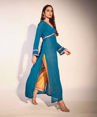 Haseena Teal Blue And Bright Mustard Color Block Kurta Pant Set 5