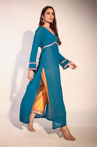 Haseena Teal Blue And Bright Mustard Color Block Kurta Pant Set