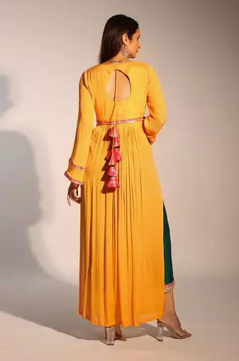 Haseena  Mango Yellow And Bottle Green Color Block Kurta Pant Set