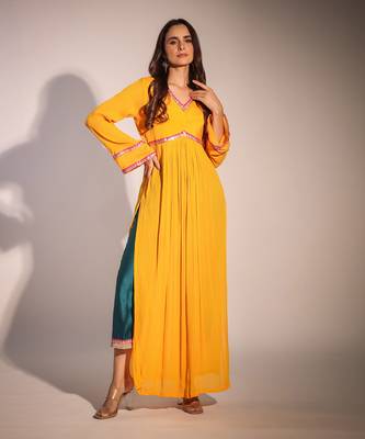 Haseena  Mango Yellow And Bottle Green Color Block Kurta Pant Set 1
