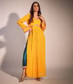 Haseena  Mango Yellow And Bottle Green Color Block Kurta Pant Set
