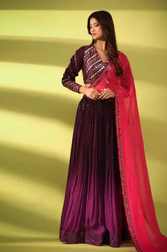 Haseena Mirror Work Lehenga In Shades Of Aubergine And Purple