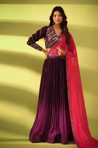 Haseena Mirror Work Lehenga In Shades Of Aubergine And Purple