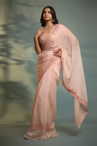 Haseena Blush Pink Moti Work Ruffle Saree