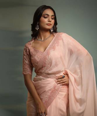 Haseena Blush Pink Moti Work Ruffle Saree 4