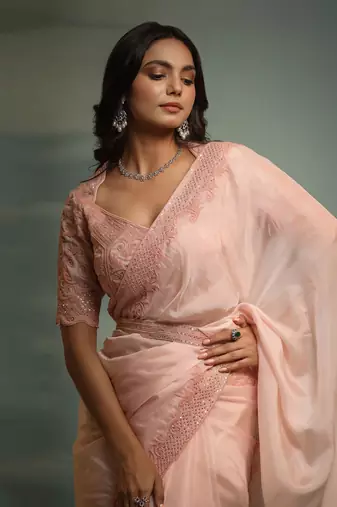 Haseena Blush Pink Moti Work Ruffle Saree