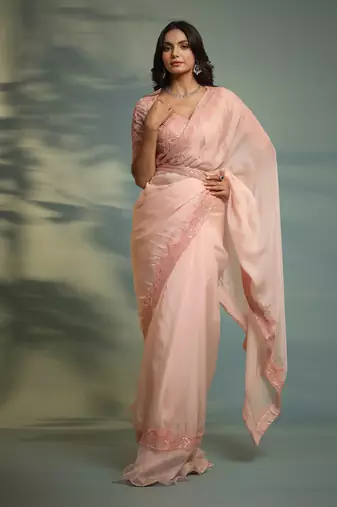Haseena Blush Pink Moti Work Ruffle Saree
