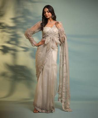 Haseena Frost Grey Ruffle Saree & Wrap Blouse Set 1