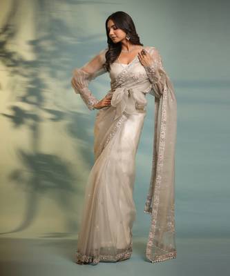 Haseena Frost Grey Ruffle Saree & Wrap Blouse Set 2