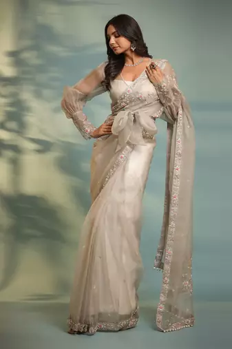 Haseena Frost Grey Ruffle Saree & Wrap Blouse Set
