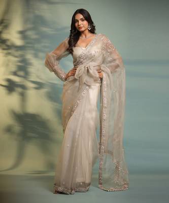 Haseena Frost Grey Ruffle Saree & Wrap Blouse Set 3