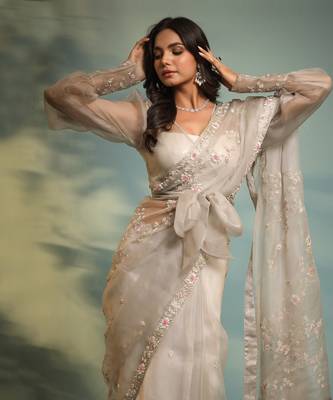 Haseena Frost Grey Ruffle Saree & Wrap Blouse Set 4