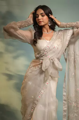 Haseena Frost Grey Ruffle Saree & Wrap Blouse Set