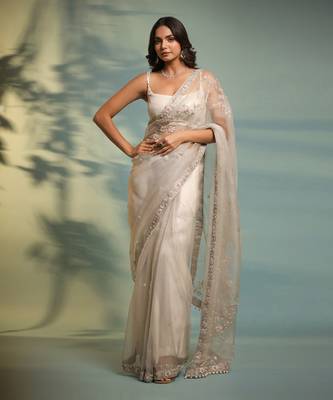 Haseena Frost Grey Ruffle Saree & Wrap Blouse Set 5