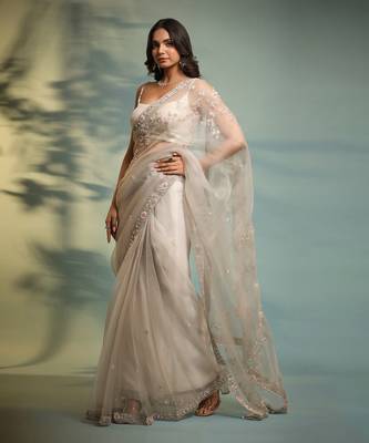 Haseena Frost Grey Ruffle Saree & Wrap Blouse Set 6